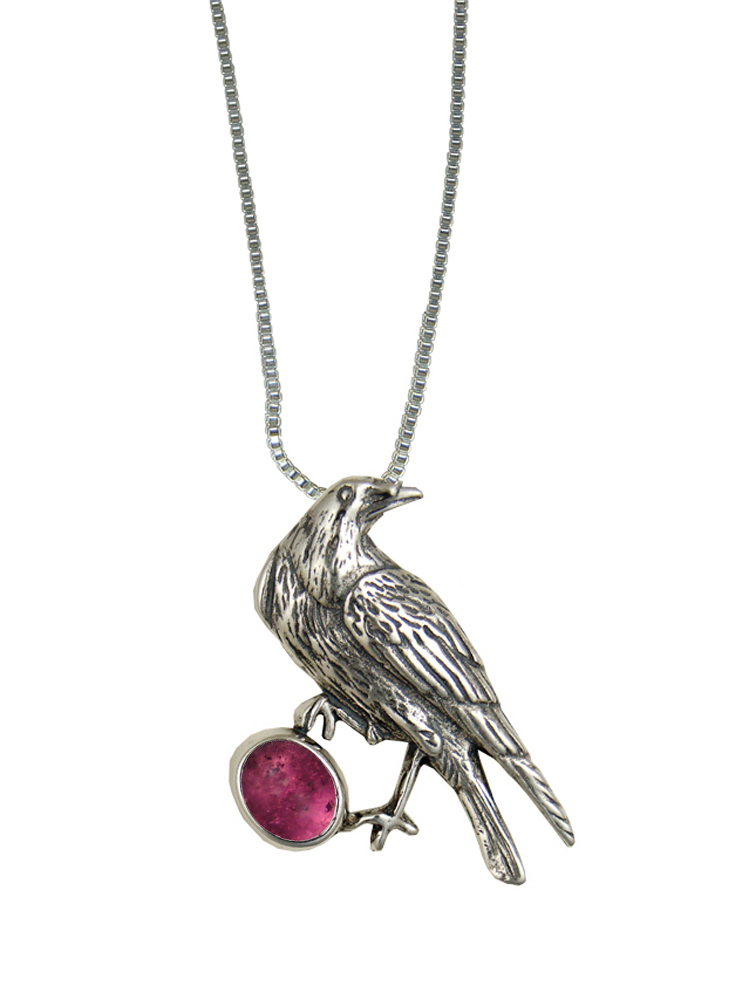 Sterling Silver Raven Pendant With Pink Tourmaline